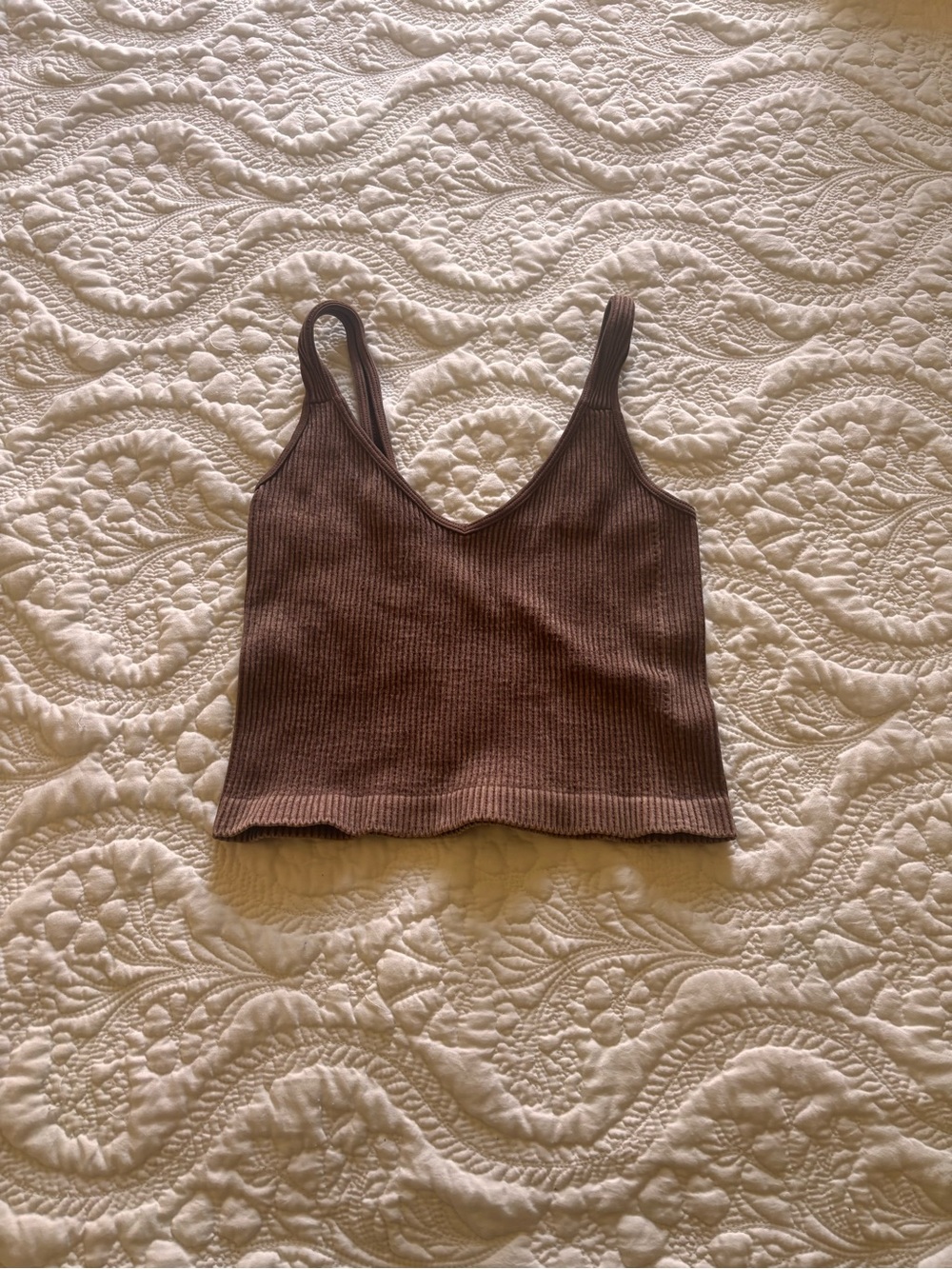 Ribbed V-Neck Cropped Tank Top - Taupe